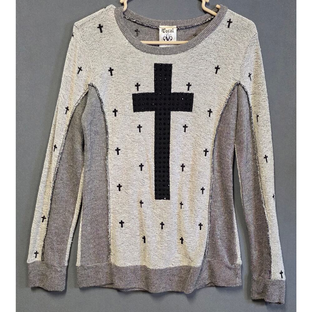 Vocal California Womens Sweatershirt Large Knit Cross Gems Grunge Goth Biker